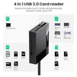 قارئ بطاقات UGREEN 4 في 1 USB 3.0 SD/TF - 1M (CR125) - حل مدمج لقراءة البطاقات بطول إضافي