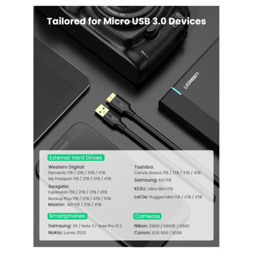 UGREEN US130 Micro USB 3.0 to USB - A Hard Drive Cable - 0.5M - Short Micro USB 3.0 Cable for Hard Drive Connectivity - Image 3