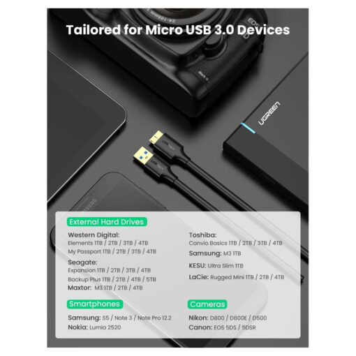 UGREEN US130 Micro USB 3.0 إلى USB - كابل القرص الصلب - 1 متر - قياسي - طول كابل Micro USB 3.0 لتوصيل القرص الصلب