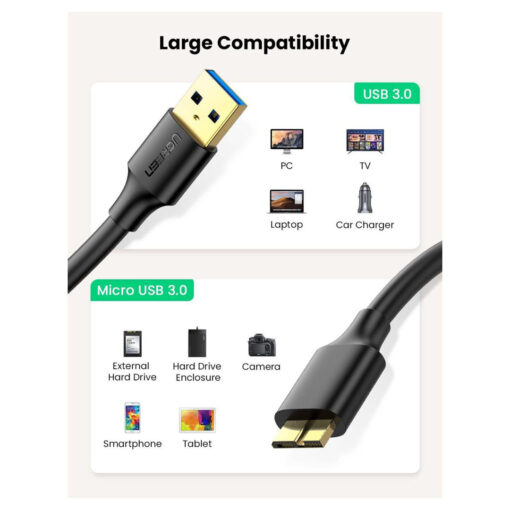 UGREEN US130 Micro USB 3.0 إلى USB - كابل القرص الصلب - 1 متر - قياسي - طول كابل Micro USB 3.0 لتوصيل القرص الصلب