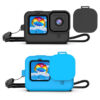 حافظة حماية من مطاط السيليكون لكاميرا GoPro Hero 12/11/10/9 - حافظة من السيليكون مع أغطية عدسات بحبل قصير (أسود وأزرق)