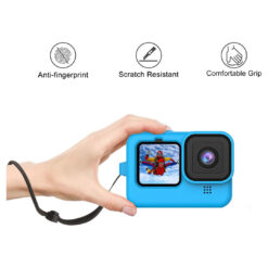 Silicone Rubber Protective Case for GoPro Hero 12/11/10/9 – Silicone Sleeve Housing Case with Lanyard Lens Caps (Black and Blue)