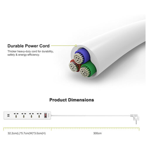 HuntKey Power Strip 4 Sokets & Two Powered USB Ports 3 Meter (SSZ507)