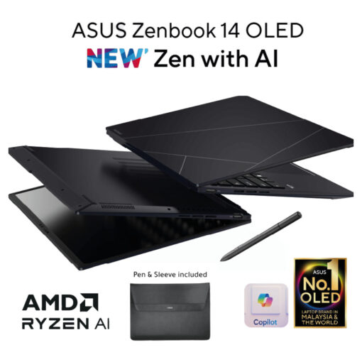 ASUS Zenbook 14 OLED Laptop - AMD Ryzen 7 8840HS Processor, Ryzen AI XDNA, 16GB DDR5X, 14.0" FHD Display, Windows Hello, Sleeve & Stylus, Jade Black - Image 2