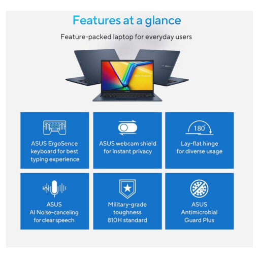 ⁦ASUS Vivobook 14 Laptop - Intel Core i7-1355U 10-Cores Processor, 8GB DDR4 Upgradable, 14" FHD IPS 250nits Display, Quiet Blue⁩ - الصورة ⁦6⁩