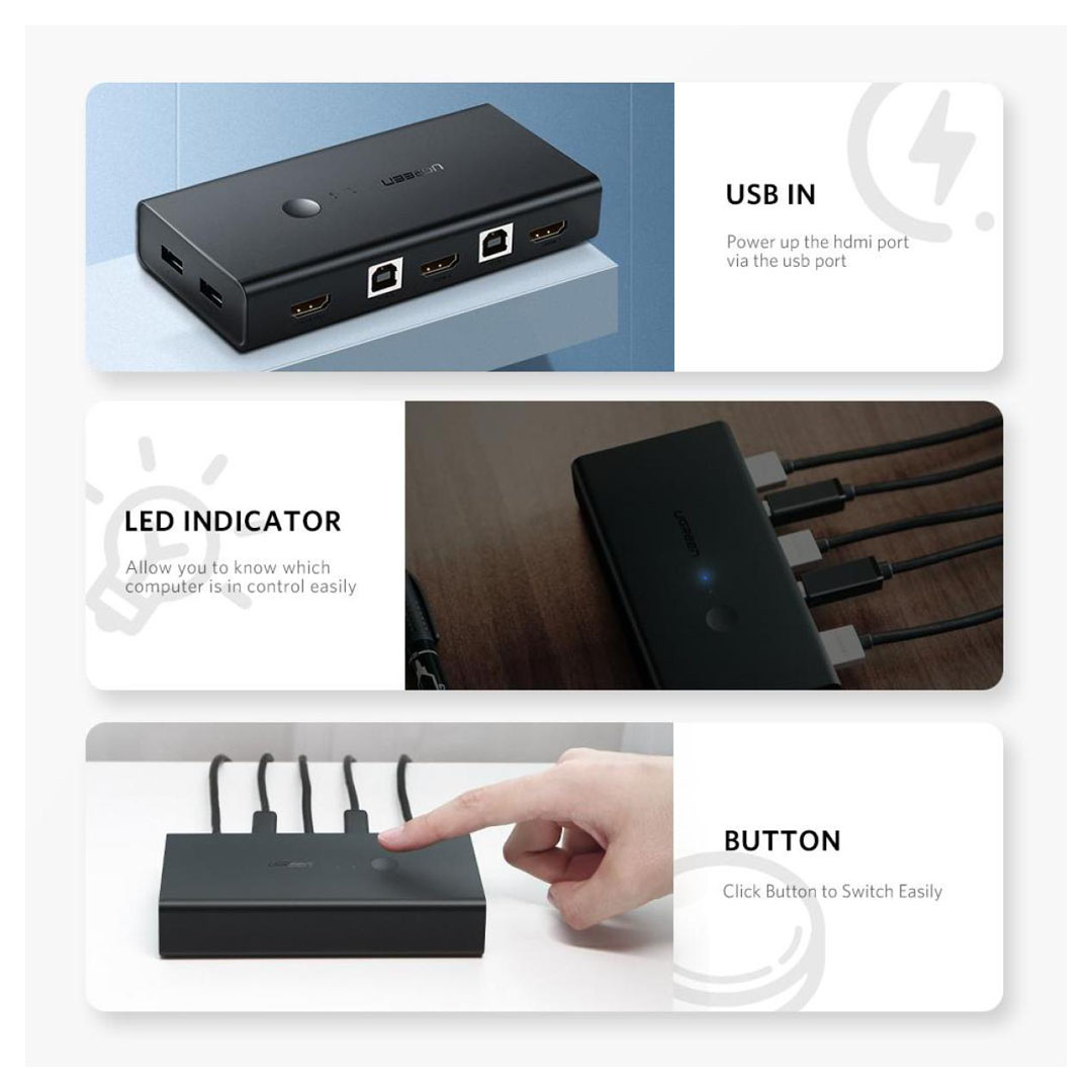 UGREEN CM200 2 In 1 Out KVM HDMI Switch Box: Enables switching between two HDMI input sources to one output display. Price in Jordan UGREEN CM200 2 In 1 Out KVM HDMI Switch Box: Enables switching between two HDMI input sources to one output display. - Buy Online in Jordan | OfficeJo