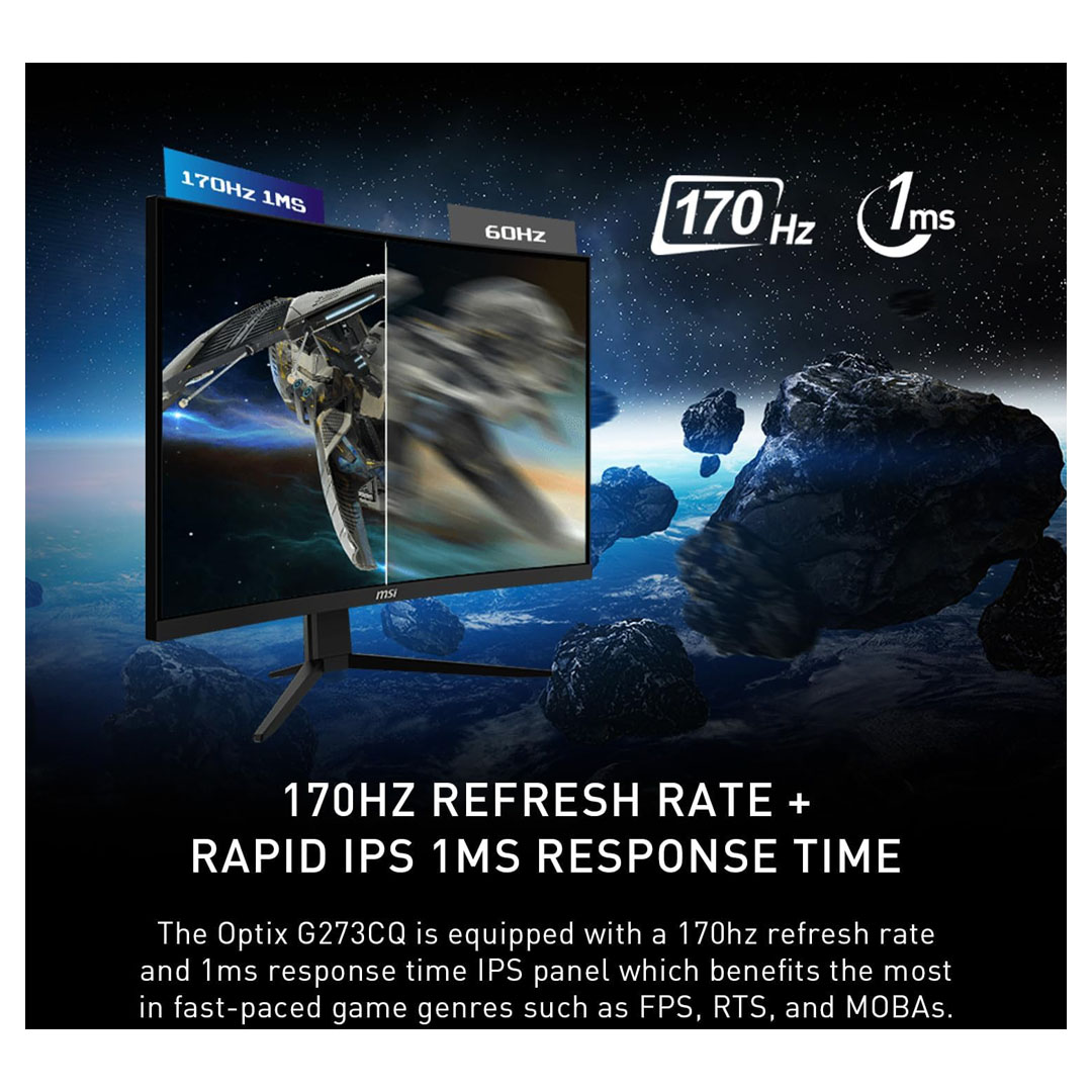 MSI G273CQ, 27" Curved Gaming Monitor, 2560 x 1440 (QHD), VA, 170Hz, FreeSync Premium, HDR Ready, HDMI, Displayport, Tilt Price in Jordan MSI G273CQ, 27" Curved Gaming Monitor, 2560 x 1440 (QHD), VA, 170Hz, FreeSync Premium, HDR Ready, HDMI, Displayport, Tilt - Buy Online in Jordan | OfficeJo