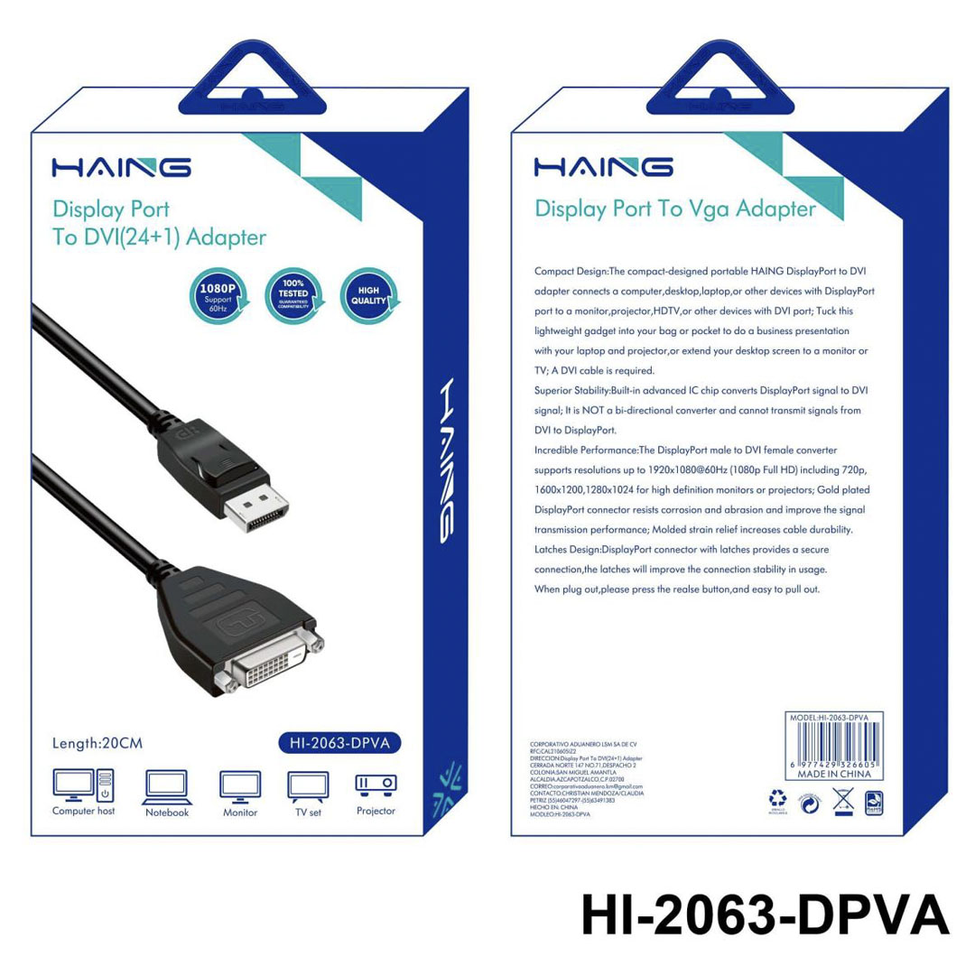 HAING DisplayPort to Single-Link DVI-D Adapter Cable 20CM (HI-2063-DPVA) Price in Jordan HAING DisplayPort to Single-Link DVI-D Adapter Cable 20CM (HI-2063-DPVA) - Buy Online in Jordan | OfficeJo