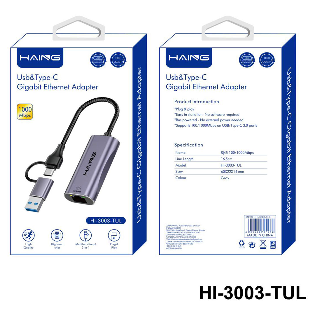 HAING USB Type-C to Gigabit Ethernet Adapter (HI-3003-TUL) Price in Jordan HAING USB Type-C to Gigabit Ethernet Adapter (HI-3003-TUL) - Buy Online in Jordan | OfficeJo