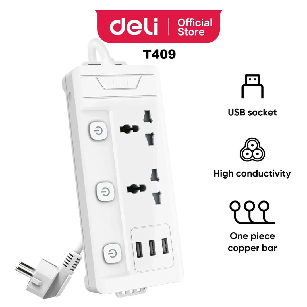 Deli ET409 Power Strip – 2 Outlets, 3 USB Ports, 2500W, 2M Cable Price in Jordan Deli ET409 Power Strip – 2 Outlets, 3 USB Ports, 2500W, 2M Cable - Buy Online in Jordan | OfficeJo