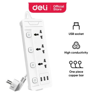 Deli ET410 Power Strip – 3 Sockets, 3 USB Ports, 2M Cable, 2500W - Buy Online in Jordan | OfficeJo