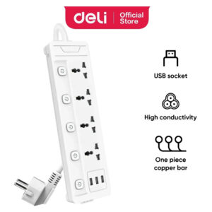 Deli ET411 Power Strip – 4 Sockets, 3 USB Ports, 2M Cable, 2500W - Buy Online in Jordan | OfficeJo