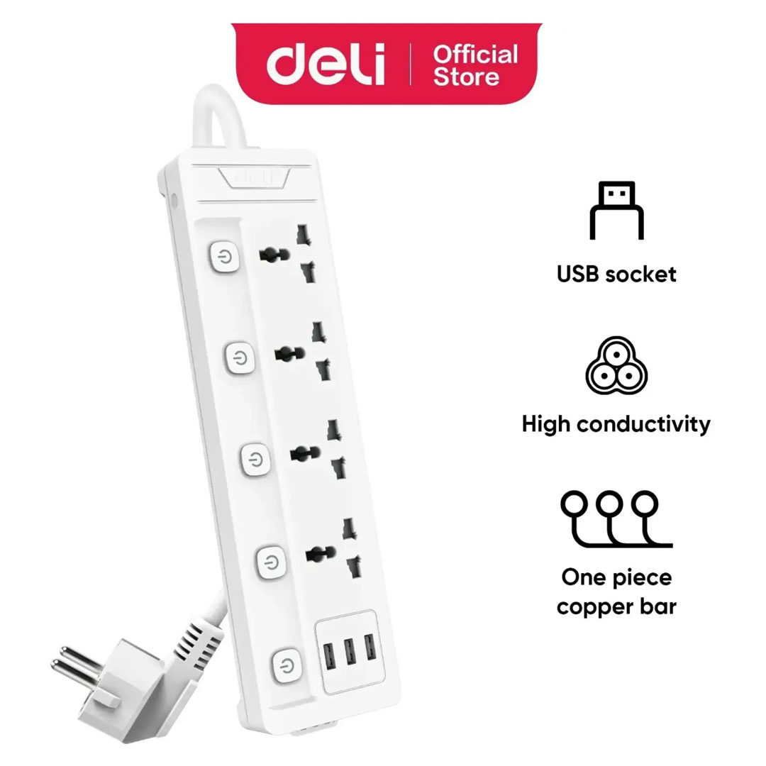 Deli ET411 Power Strip – 4 Sockets, 3 USB Ports, 2M Cable, 2500W Price in Jordan Deli ET411 Power Strip – 4 Sockets, 3 USB Ports, 2M Cable, 2500W - Buy Online in Jordan | OfficeJo