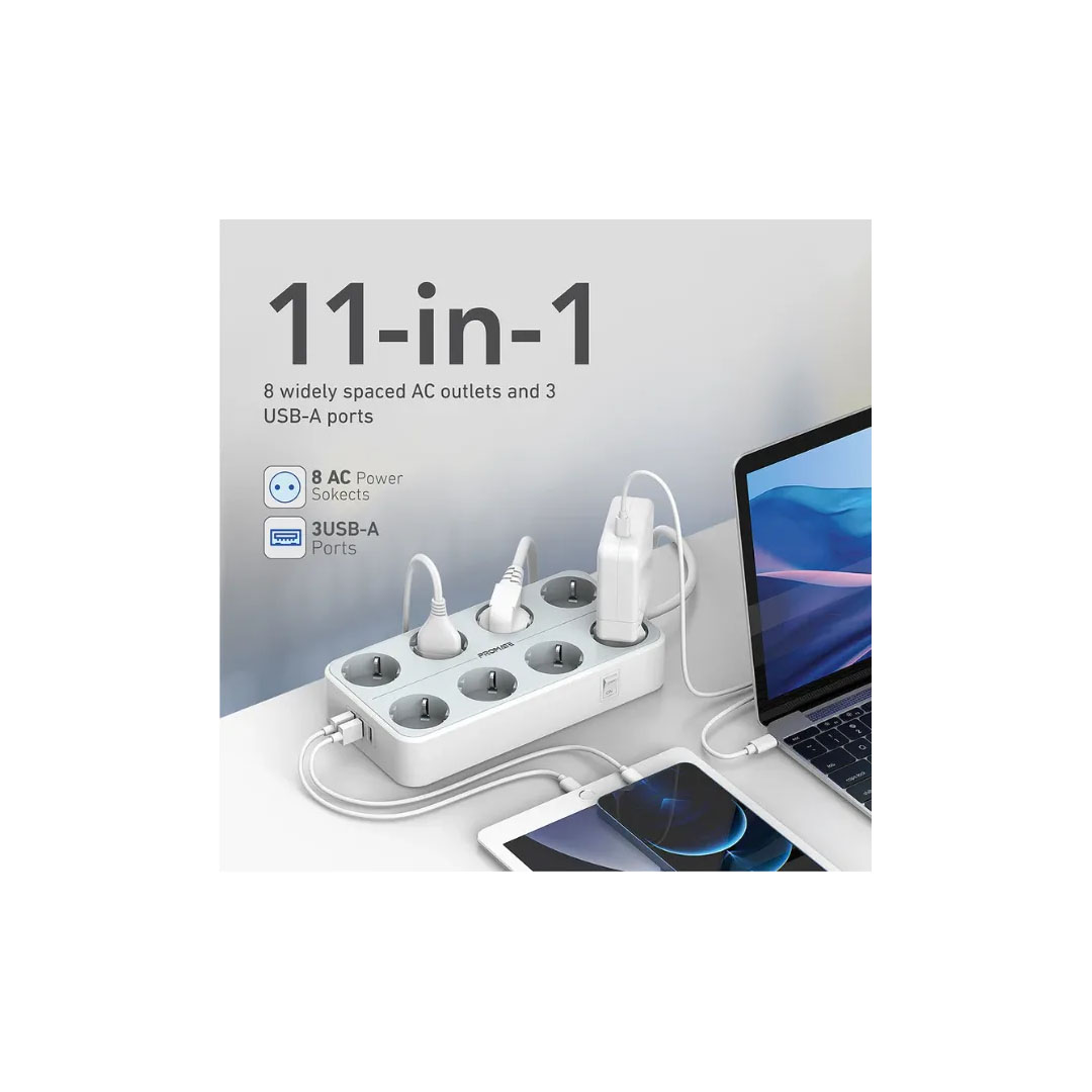 Promate PowerCord8EU- 8 Outlet Power Strip with 3 USB Ports, 3600W Price in Jordan Promate PowerCord8EU- 8 Outlet Power Strip with 3 USB Ports, 3600W - Buy Online in Jordan | OfficeJo