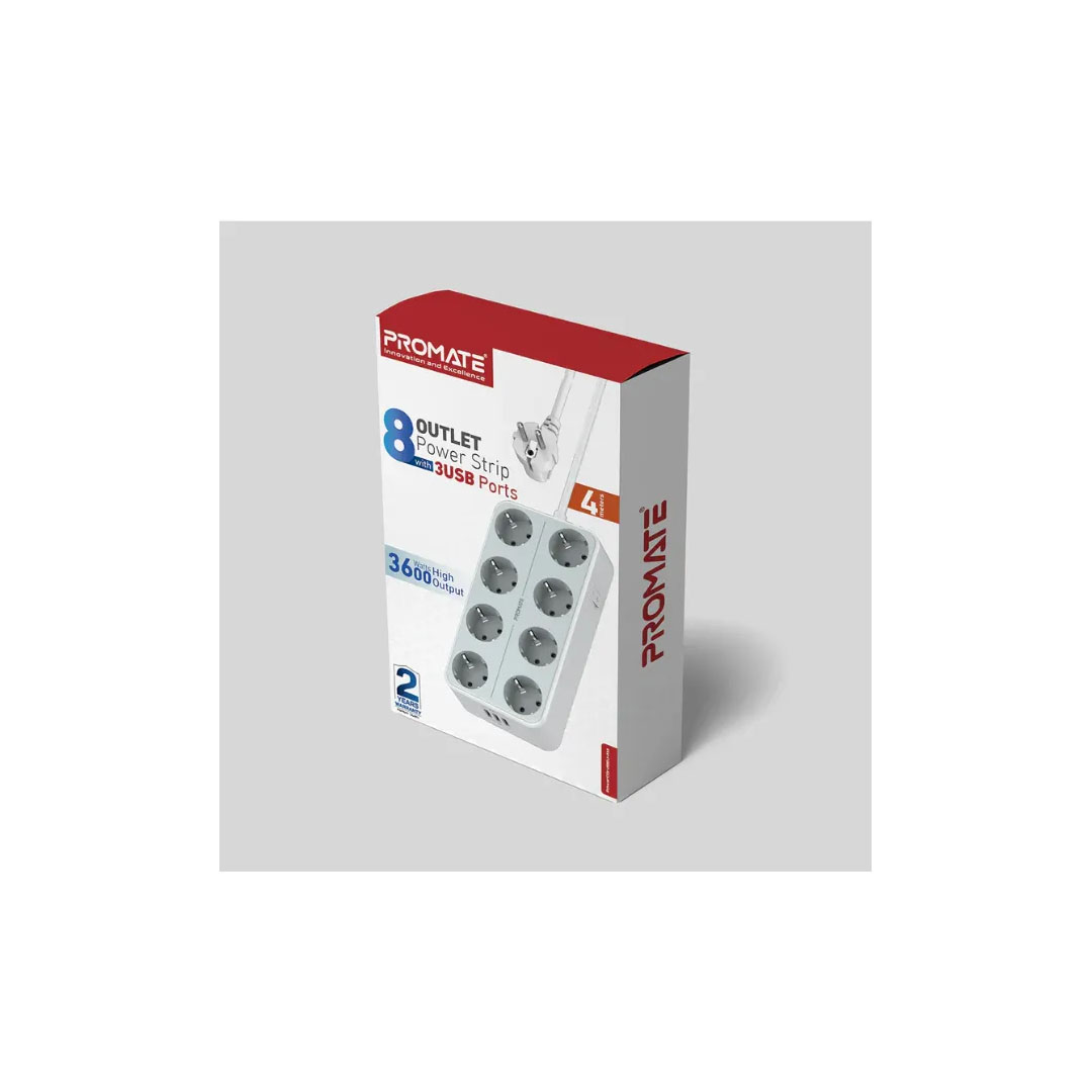 Promate PowerCord8EU- 8 Outlet Power Strip with 3 USB Ports, 3600W Price in Jordan Promate PowerCord8EU- 8 Outlet Power Strip with 3 USB Ports, 3600W - Buy Online in Jordan | OfficeJo