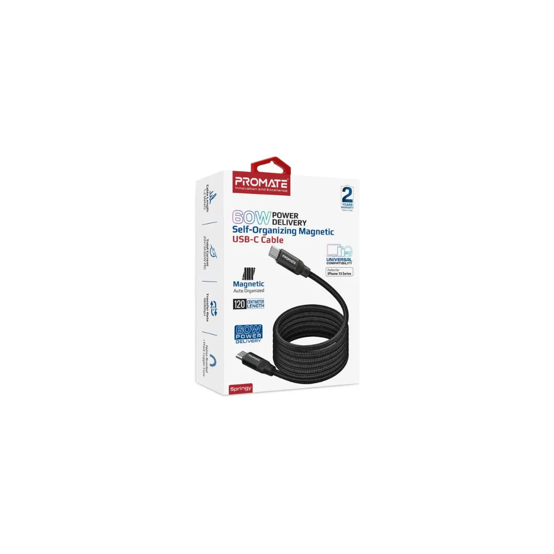 Promate Springy USB-C Cable – 60W PD, 480Mbps, 1.2m, Self-Organizing Magnetic Price in Jordan Promate Springy USB-C Cable – 60W PD, 480Mbps, 1.2m, Self-Organizing Magnetic - Buy Online in Jordan | OfficeJo