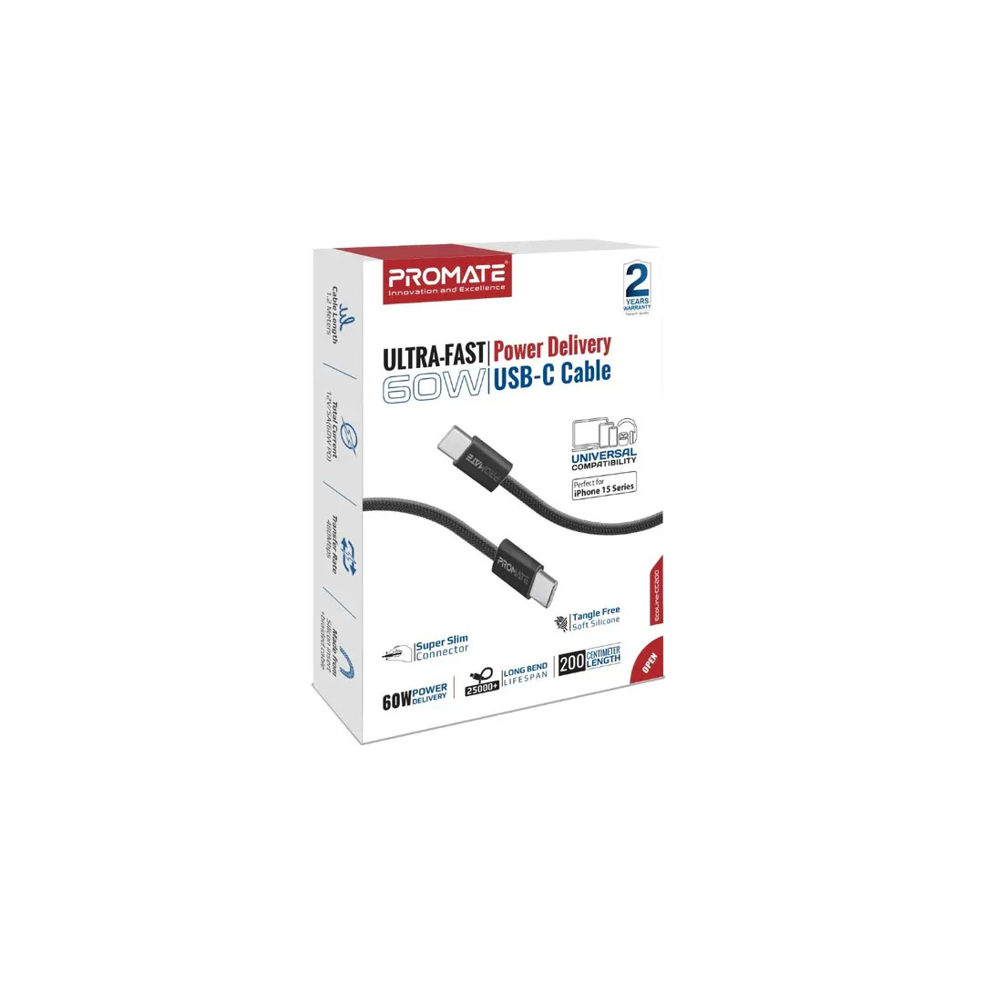 Promate EcoLine USB-C Cable – 60W PD, 480Mbps, 200cm Price in Jordan Promate EcoLine USB-C Cable – 60W PD, 480Mbps, 200cm - Buy Online in Jordan | OfficeJo