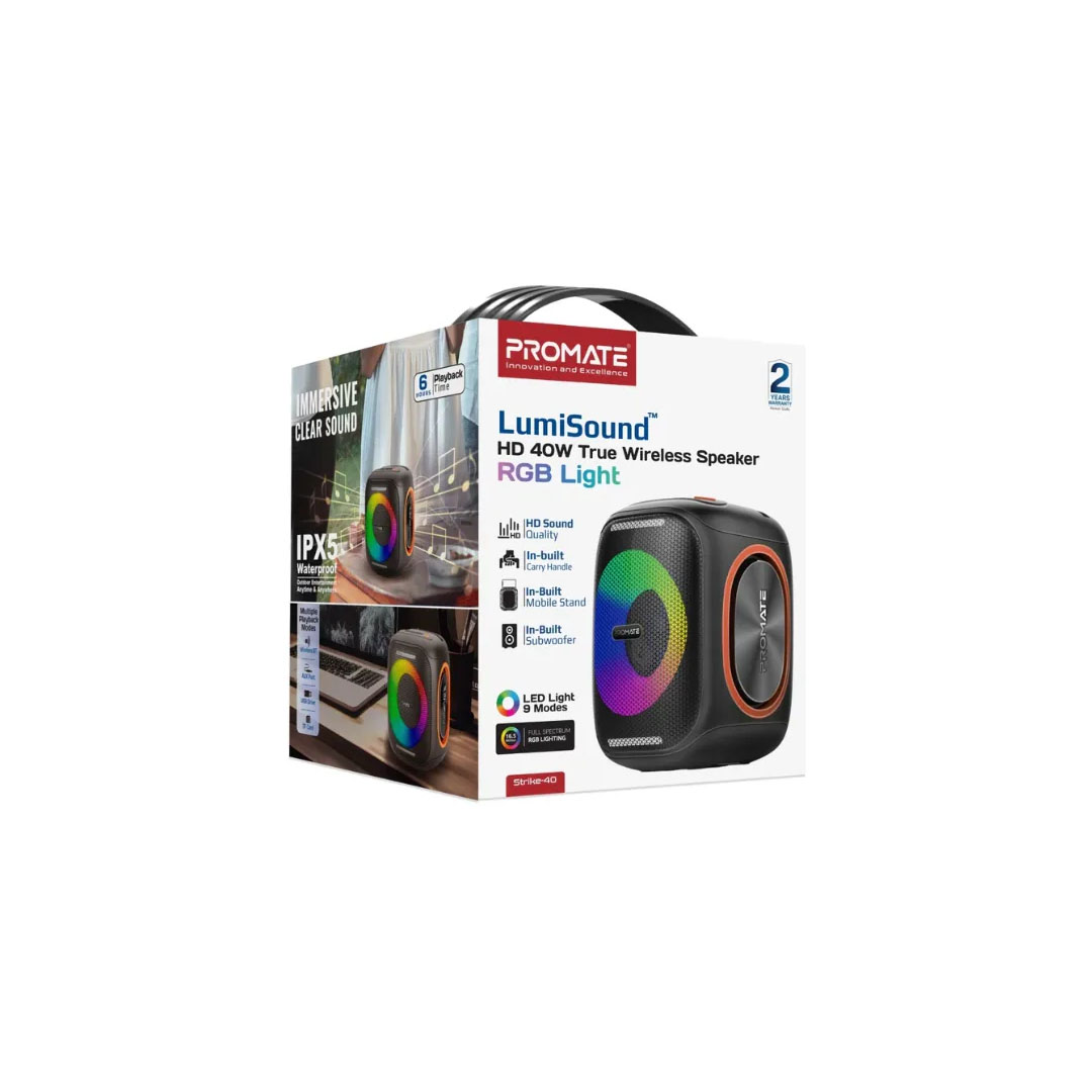 Promate Strike-40 Wireless Speaker – 40W, Bluetooth 5.3, RGB, IPX5, 6000mAh Price in Jordan Promate Strike-40 Wireless Speaker – 40W, Bluetooth 5.3, RGB, IPX5, 6000mAh - Buy Online in Jordan | OfficeJo