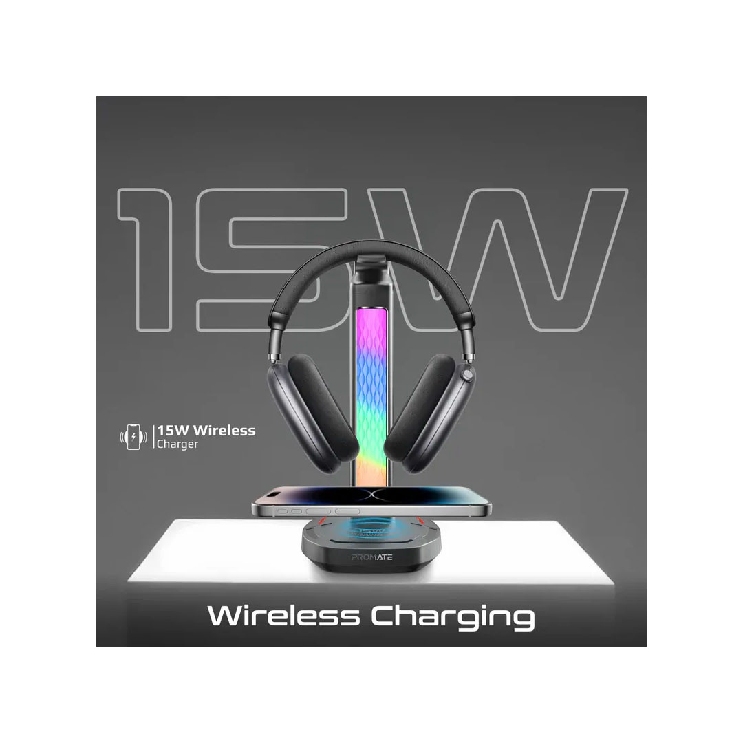 Promate FortX Headset Stand – 15W Wireless Charger, RGB Lighting, USB Hub Price in Jordan Promate FortX Headset Stand – 15W Wireless Charger, RGB Lighting, USB Hub - Buy Online in Jordan | OfficeJo