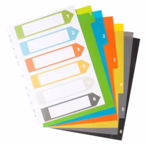 A4 Plastic File Dividers 1–6 – Numbered Tabs, Colored, Good Quality Price in Jordan A4 Plastic File Dividers 1–6 – Numbered Tabs, Colored, Good Quality - Buy Online in Jordan | OfficeJo