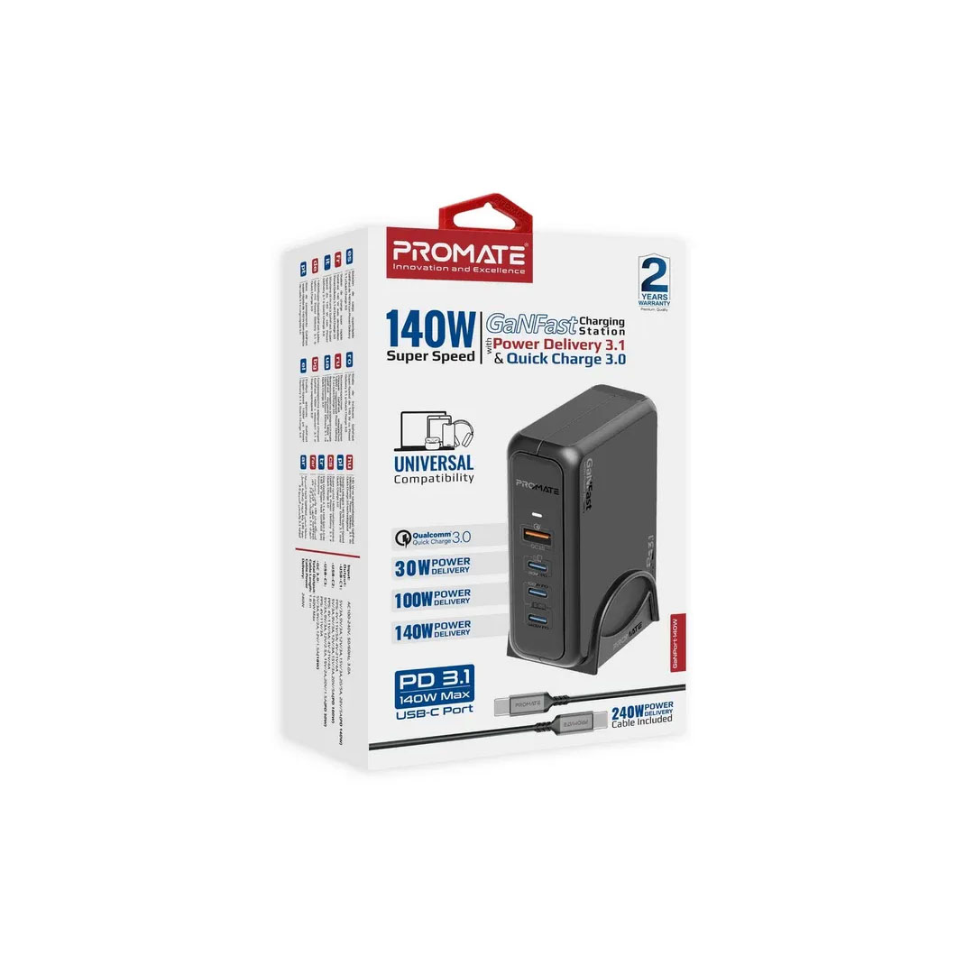 Promate GaNFast Charging Station – 140W, Power Delivery 3.1, Quick Charge 3.0, 4 Ports Price in Jordan Promate GaNFast Charging Station – 140W, Power Delivery 3.1, Quick Charge 3.0, 4 Ports - Buy Online in Jordan | OfficeJo