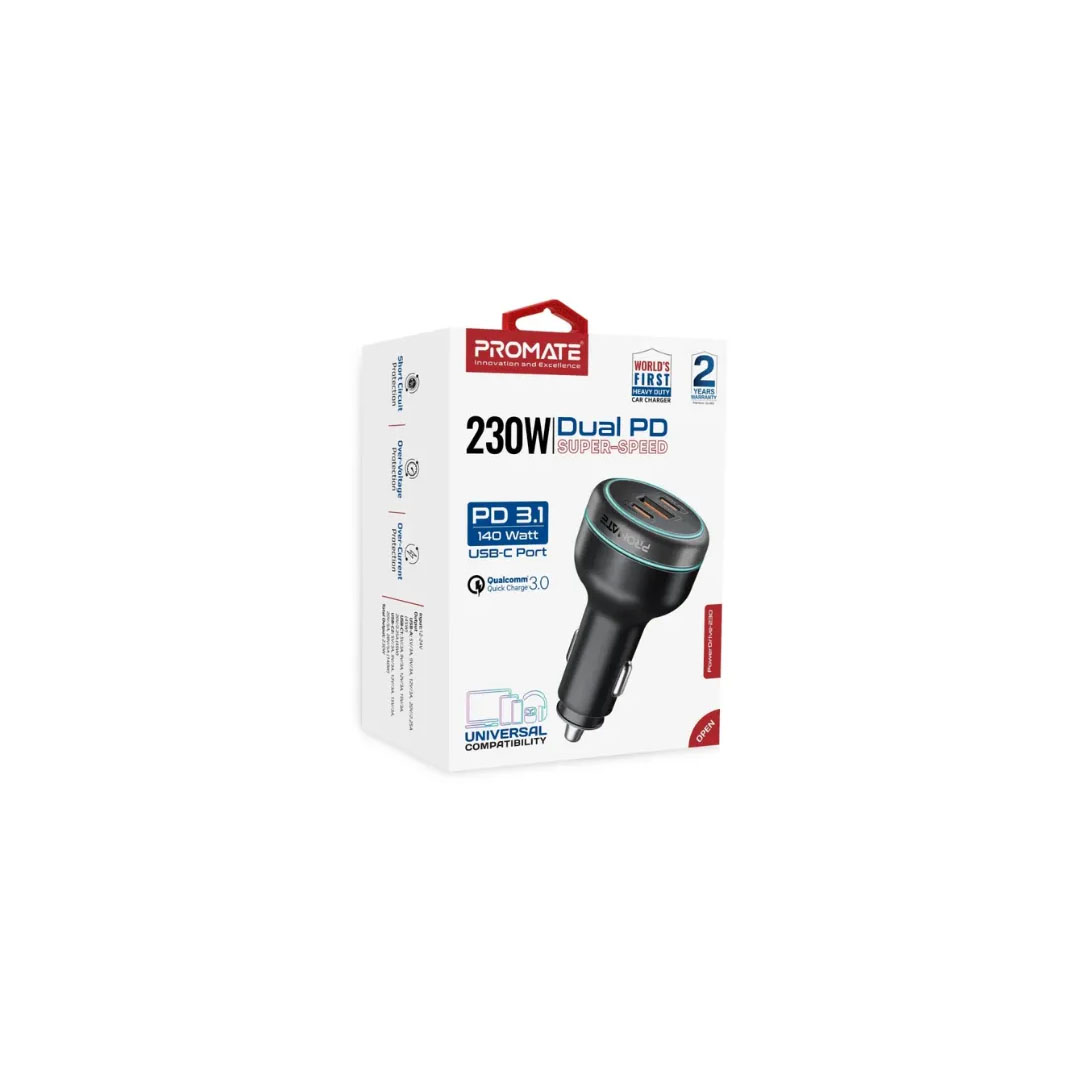 Promate PowerDrive-230W Car Charger – 140W PD 3.1, USB-C, USB-A, 230W Total Output Price in Jordan Promate PowerDrive-230W Car Charger – 140W PD 3.1, USB-C, USB-A, 230W Total Output - Buy Online in Jordan | OfficeJo