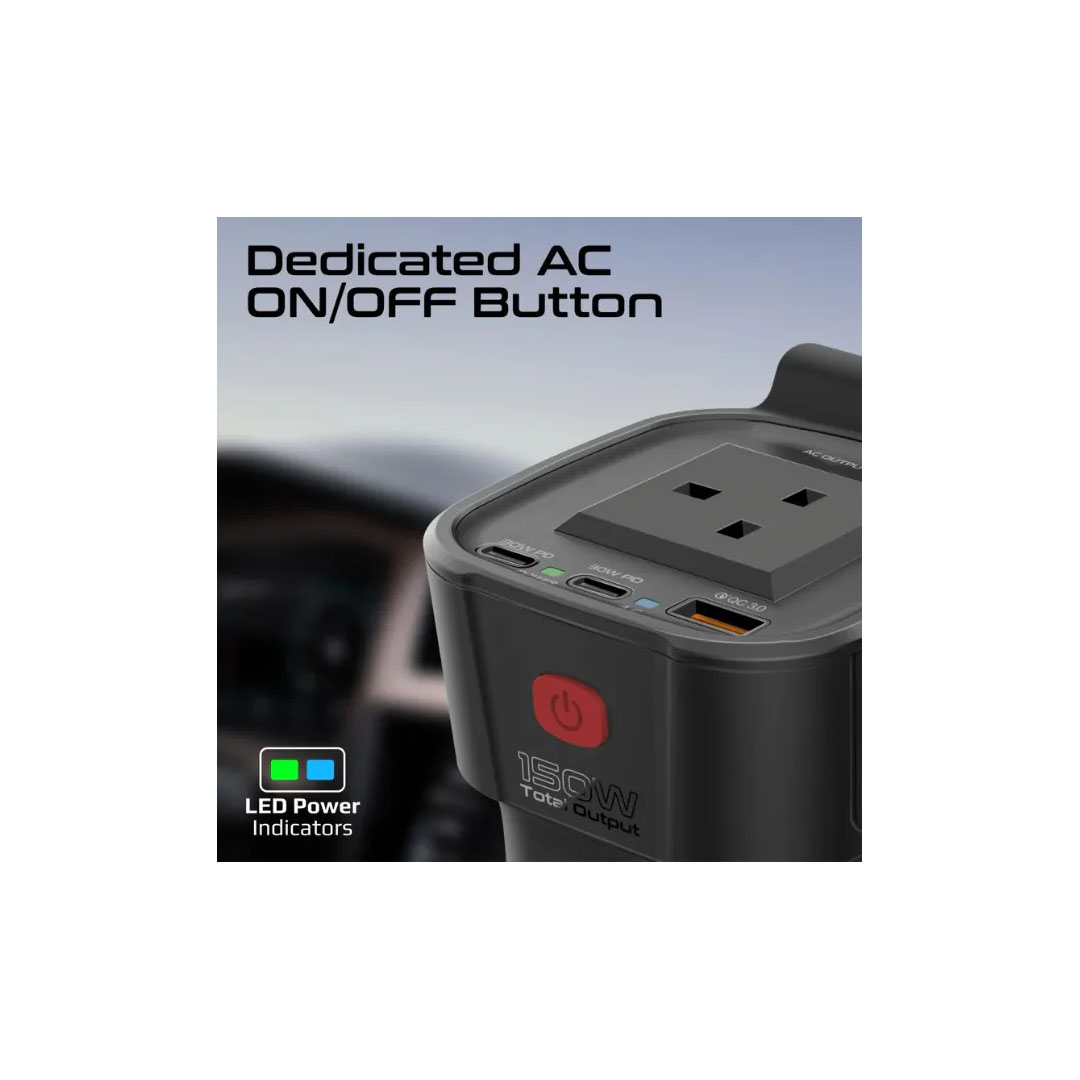 Promate DC to AC Power Inverter – 150W AC, Dual USB-C PD 30W, USB-A PD 18W, 12V Input Price in Jordan Promate DC to AC Power Inverter – 150W AC, Dual USB-C PD 30W, USB-A PD 18W, 12V Input - Buy Online in Jordan | OfficeJo