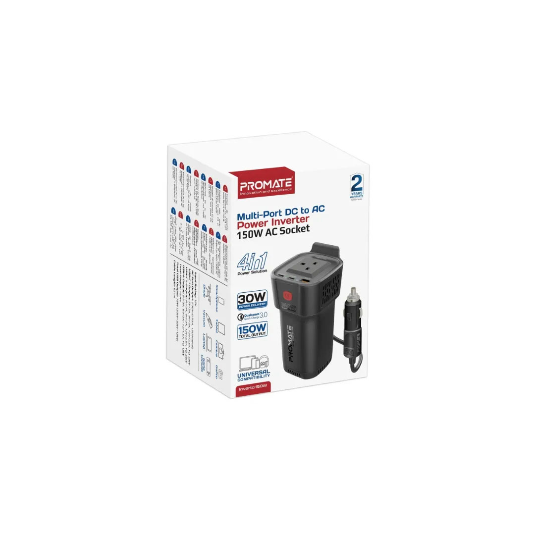 Promate DC to AC Power Inverter – 150W AC, Dual USB-C PD 30W, USB-A PD 18W, 12V Input Price in Jordan Promate DC to AC Power Inverter – 150W AC, Dual USB-C PD 30W, USB-A PD 18W, 12V Input - Buy Online in Jordan | OfficeJo