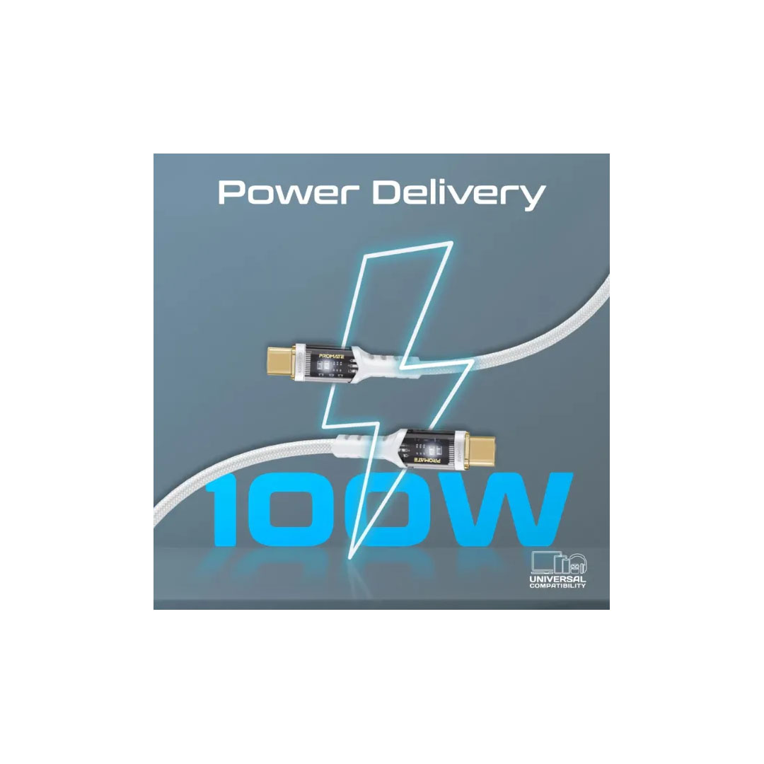Promate LucidLine-CC200 USB-C Cable – 100W Power Delivery, 480Mbps, 2m, LED Light Price in Jordan Promate LucidLine-CC200 USB-C Cable – 100W Power Delivery, 480Mbps, 2m, LED Light - Buy Online in Jordan | OfficeJo
