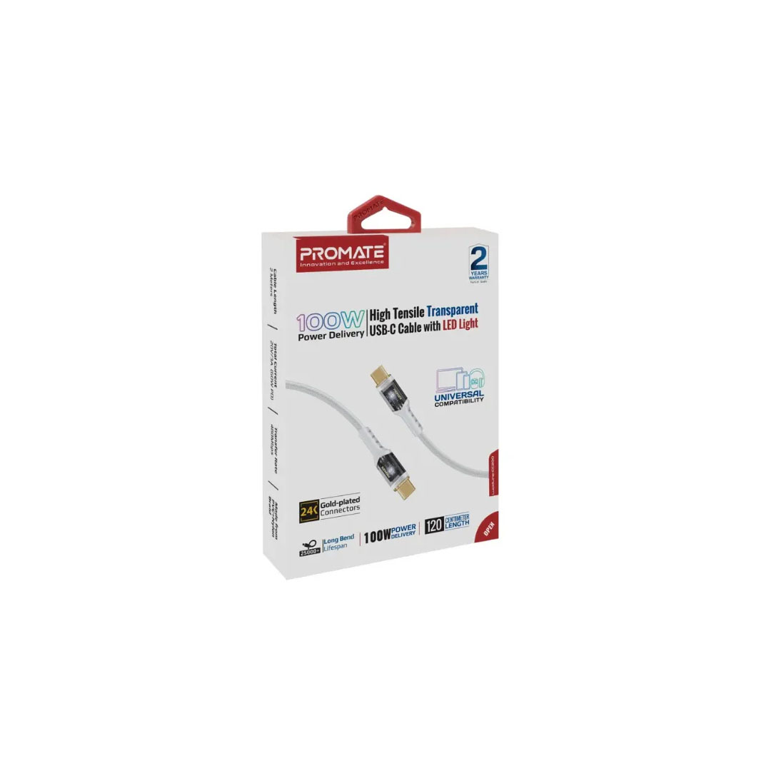 Promate LucidLine-CC200 USB-C Cable – 100W Power Delivery, 480Mbps, 2m, LED Light Price in Jordan Promate LucidLine-CC200 USB-C Cable – 100W Power Delivery, 480Mbps, 2m, LED Light - Buy Online in Jordan | OfficeJo