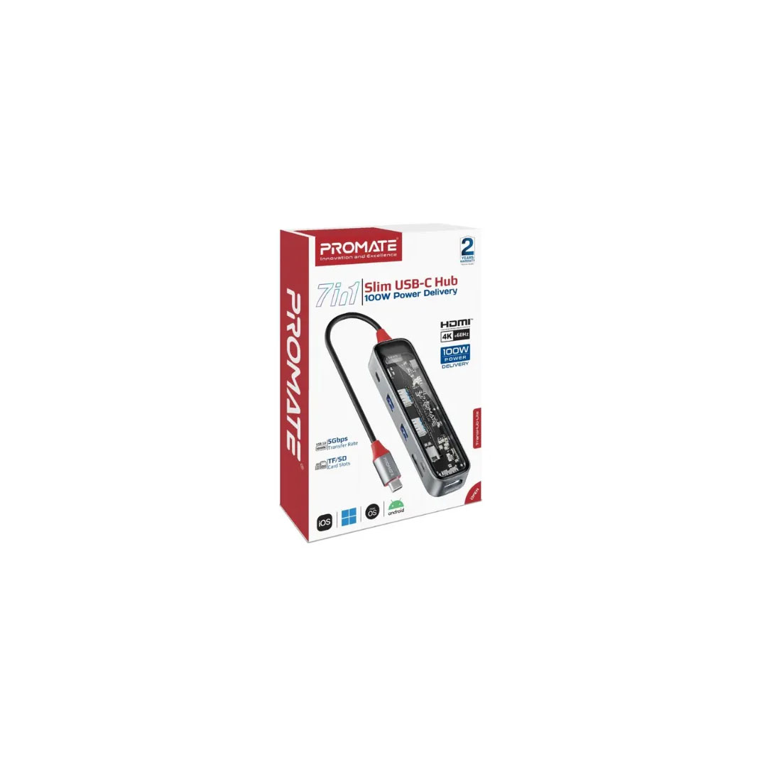 Promate TransHub-Lite USB-C Hub 7-in-1 – 100W PD, 4K@60Hz HDMI, 5Gbps Price in Jordan Promate TransHub-Lite USB-C Hub 7-in-1 – 100W PD, 4K@60Hz HDMI, 5Gbps - Buy Online in Jordan | OfficeJo