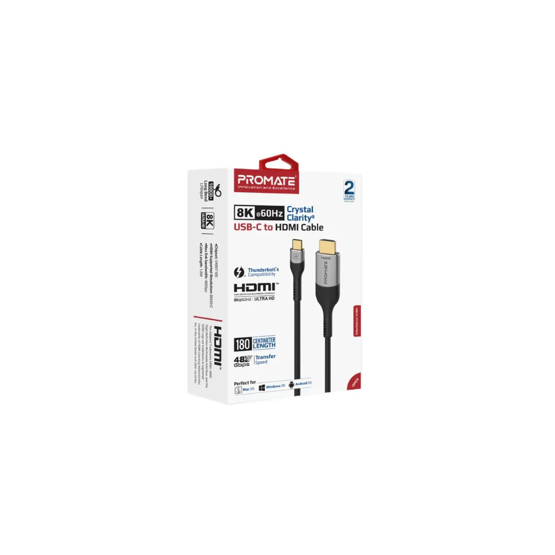 Promate MEDIACORD-8K USB-C to HDMI Cable – 8K60Hz, 48Gbps, 1.8M Price in Jordan Promate MEDIACORD-8K USB-C to HDMI Cable – 8K60Hz, 48Gbps, 1.8M - Buy Online in Jordan | OfficeJo