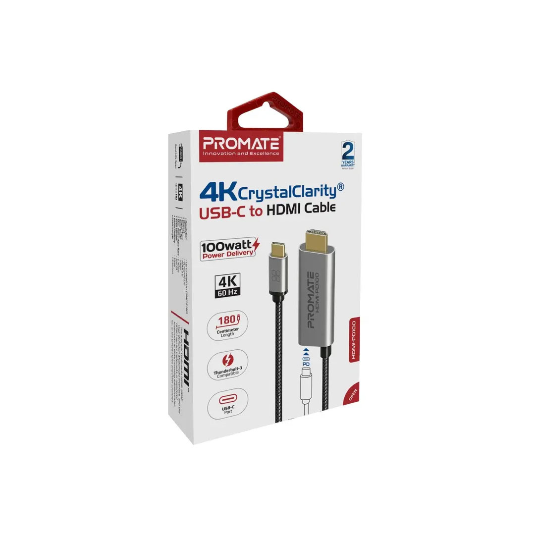 Promate USB-C to HDMI Cable – 4K@60Hz, 100W Power Delivery, 1.8M Price in Jordan Promate USB-C to HDMI Cable – 4K@60Hz, 100W Power Delivery, 1.8M - Buy Online in Jordan | OfficeJo