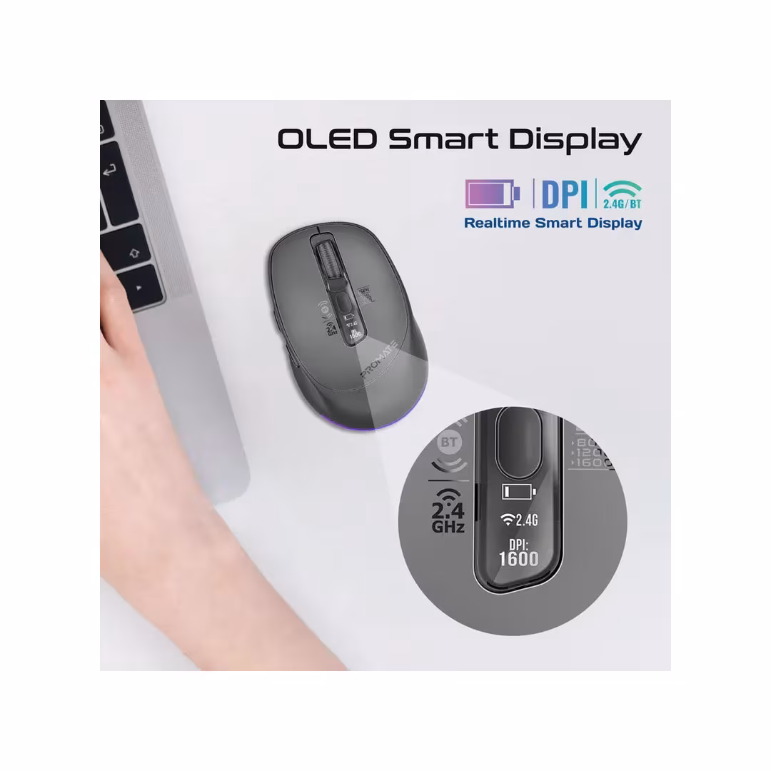 Promate Blix-3M Silent Rechargeable Mouse – Triple-Mode, 1600DPI, BT5.1, OLED Display Price in Jordan Promate Blix-3M Silent Rechargeable Mouse – Triple-Mode, 1600DPI, BT5.1, OLED Display - Buy Online in Jordan | OfficeJo