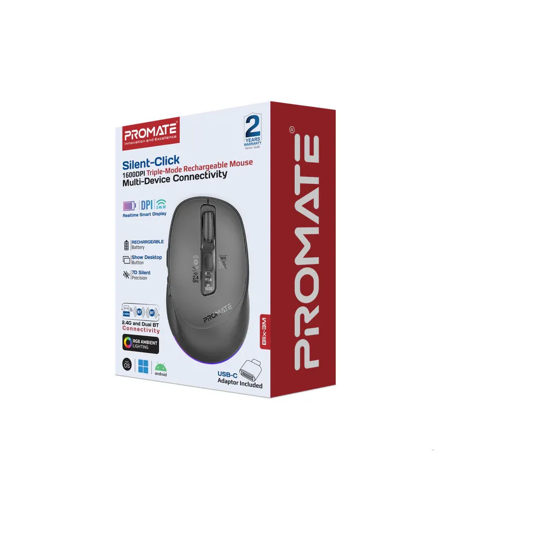 Promate Blix-3M Silent Rechargeable Mouse – Triple-Mode, 1600DPI, BT5.1, OLED Display Price in Jordan Promate Blix-3M Silent Rechargeable Mouse – Triple-Mode, 1600DPI, BT5.1, OLED Display - Buy Online in Jordan | OfficeJo