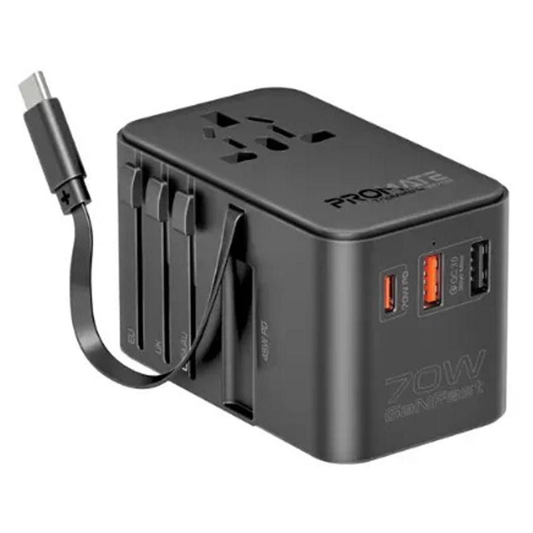 Promate TripMate-GaN70R Multi-Port Travel Adapter – 70W GaN, Retractable USB-C, Universal Socket Price in Jordan Promate TripMate-GaN70R Multi-Port Travel Adapter – 70W GaN, Retractable USB-C, Universal Socket - Buy Online in Jordan | OfficeJo