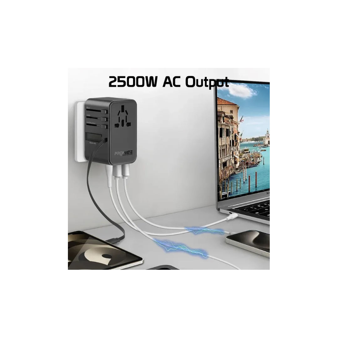 Promate TripMate-GaN70R Multi-Port Travel Adapter – 70W GaN, Retractable USB-C, Universal Socket Price in Jordan Promate TripMate-GaN70R Multi-Port Travel Adapter – 70W GaN, Retractable USB-C, Universal Socket - Buy Online in Jordan | OfficeJo