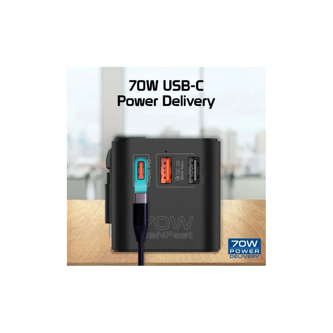 Promate TripMate-GaN70R Multi-Port Travel Adapter – 70W GaN, Retractable USB-C, Universal Socket Price in Jordan Promate TripMate-GaN70R Multi-Port Travel Adapter – 70W GaN, Retractable USB-C, Universal Socket - Buy Online in Jordan | OfficeJo