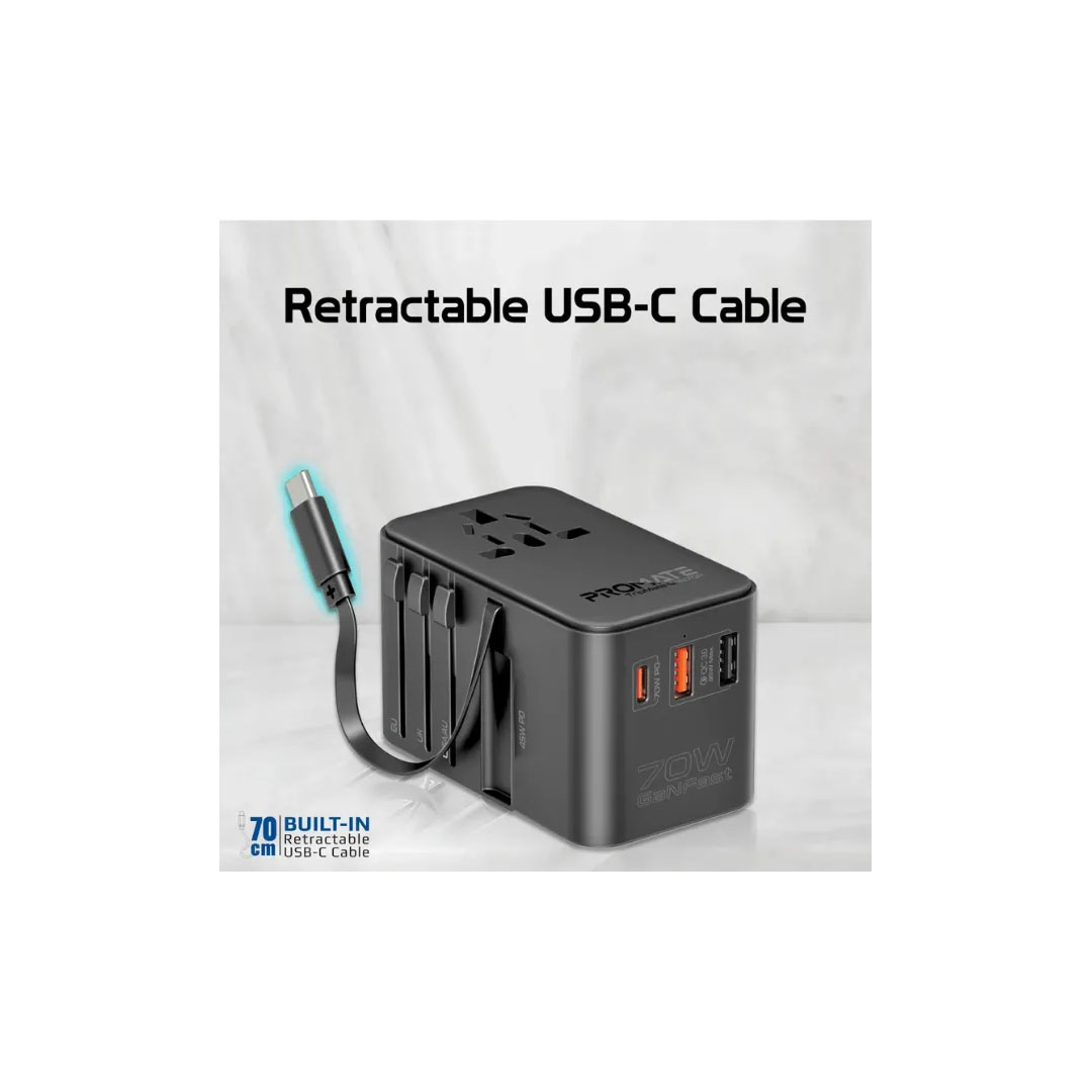 Promate TripMate-GaN70R Multi-Port Travel Adapter – 70W GaN, Retractable USB-C, Universal Socket Price in Jordan Promate TripMate-GaN70R Multi-Port Travel Adapter – 70W GaN, Retractable USB-C, Universal Socket - Buy Online in Jordan | OfficeJo