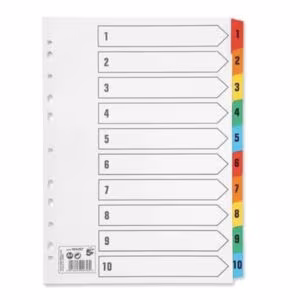 A4 Plastic File Dividers Numbered 1-10 – Colored Tabs, Good Quality Price in Jordan A4 Plastic File Dividers Numbered 1-10 – Colored Tabs, Good Quality - Buy Online in Jordan | OfficeJo