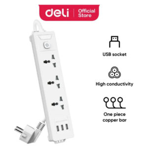 Deli ET408 Power Strip – 3 Universal Sockets, 3 USB Ports, 2M Cable - Buy Online in Jordan | OfficeJo