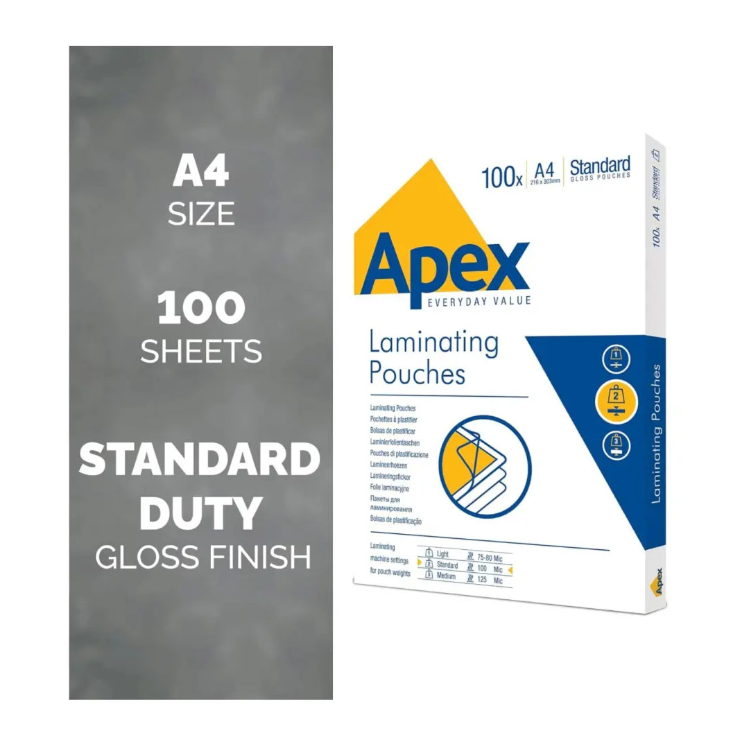 Fellowes Apex A4 Laminating Pouches – 125 Micron, Gloss Finish, Pack of 100 Price in Jordan Fellowes Apex A4 Laminating Pouches – 125 Micron, Gloss Finish, Pack of 100 - Buy Online in Jordan | OfficeJo