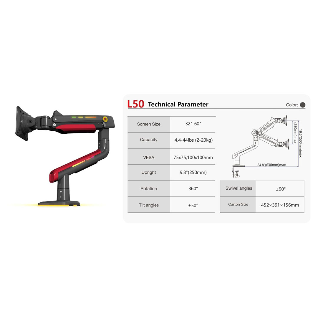 North Bayou RGB Gaming Monitor Arm L50 - 32 to 60 inch Monitors Price in Jordan North Bayou RGB Gaming Monitor Arm L50 - 32 to 60 inch Monitors - Buy Online in Jordan | OfficeJo