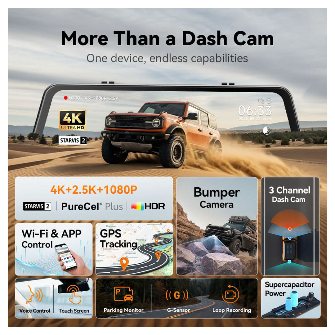 WOLFBOX G900 Tripro 3-Channel Mirror Dash Cam – 4K Front, 2.5K Rear, 1080P Interior, 5.8GHz WiFi Price in Jordan WOLFBOX G900 Tripro 3-Channel Mirror Dash Cam – 4K Front, 2.5K Rear, 1080P Interior, 5.8GHz WiFi - Buy Online in Jordan | OfficeJo