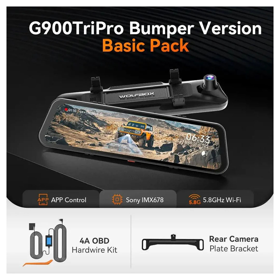 WOLFBOX G900 Tripro 3-Channel Mirror Dash Cam – 4K Front, 2.5K Rear, 1080P Interior, 5.8GHz WiFi Price in Jordan WOLFBOX G900 Tripro 3-Channel Mirror Dash Cam – 4K Front, 2.5K Rear, 1080P Interior, 5.8GHz WiFi - Buy Online in Jordan | OfficeJo