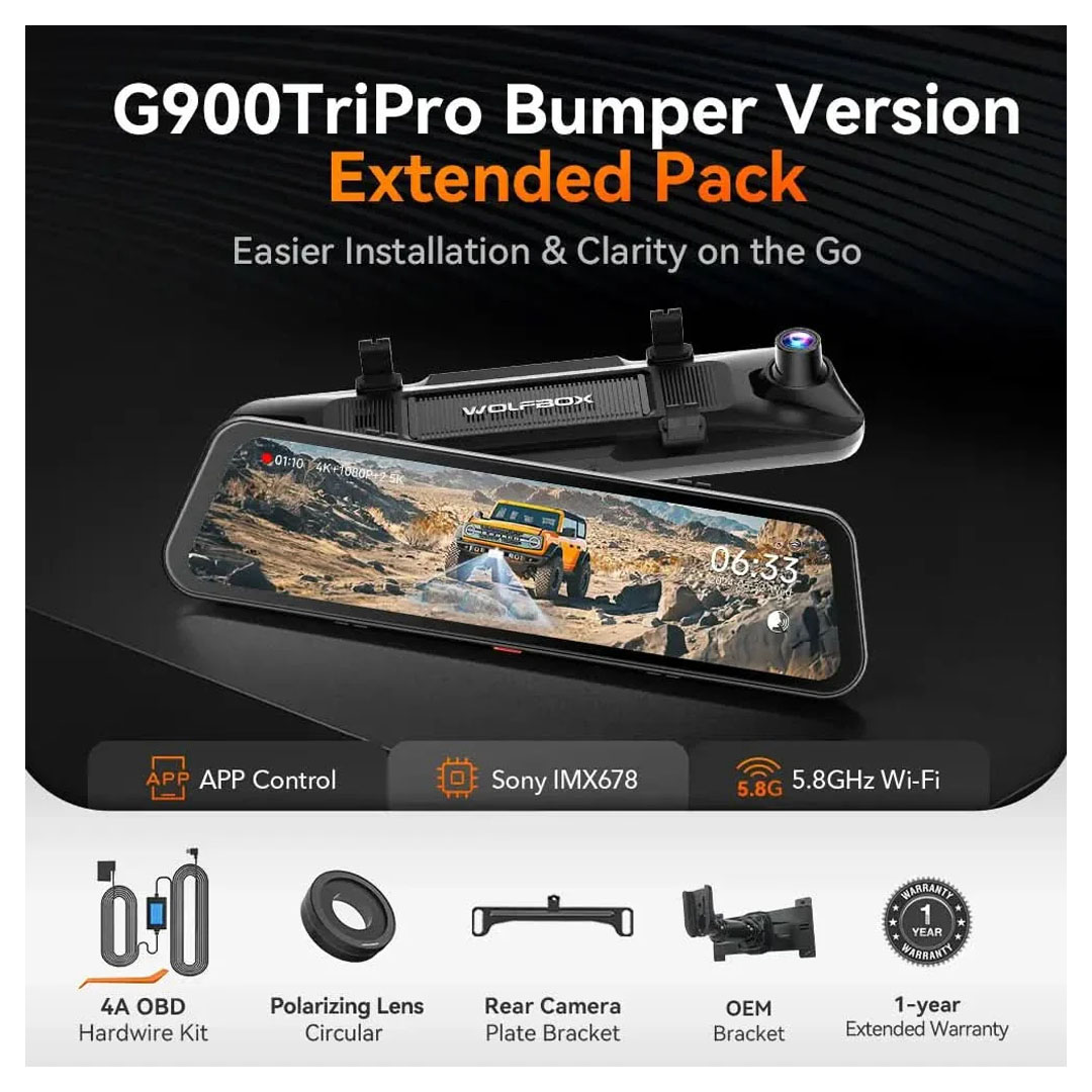 WOLFBOX G900 Tripro 3-Channel Mirror Dash Cam – 4K Front, 2.5K Rear, 1080P Interior, 5.8GHz WiFi Price in Jordan WOLFBOX G900 Tripro 3-Channel Mirror Dash Cam – 4K Front, 2.5K Rear, 1080P Interior, 5.8GHz WiFi - Buy Online in Jordan | OfficeJo