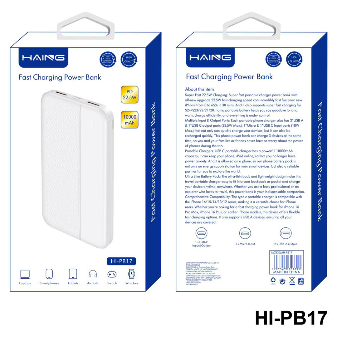 HAING Fast Charging Power Bank 10000mAh – 22.5W, 3 Outputs, Ultra Slim, White Price in Jordan HAING Fast Charging Power Bank 10000mAh – 22.5W, 3 Outputs, Ultra Slim, White - Buy Online in Jordan | OfficeJo