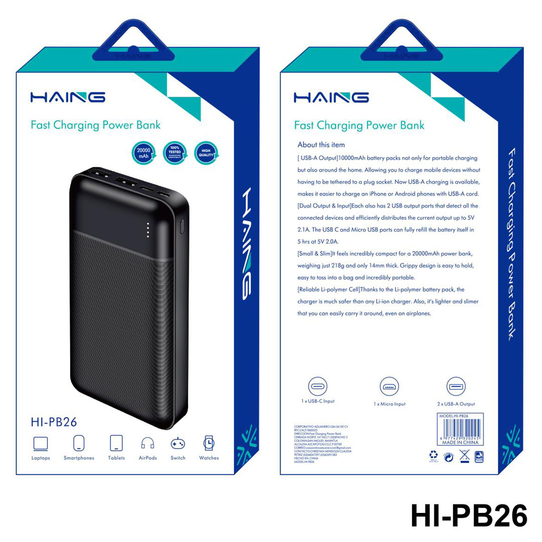 HAING Fast Charging Power Bank – 20000mAh, 22.5W, Li-Polymer, Dual Output Price in Jordan HAING Fast Charging Power Bank – 20000mAh, 22.5W, Li-Polymer, Dual Output - Buy Online in Jordan | OfficeJo