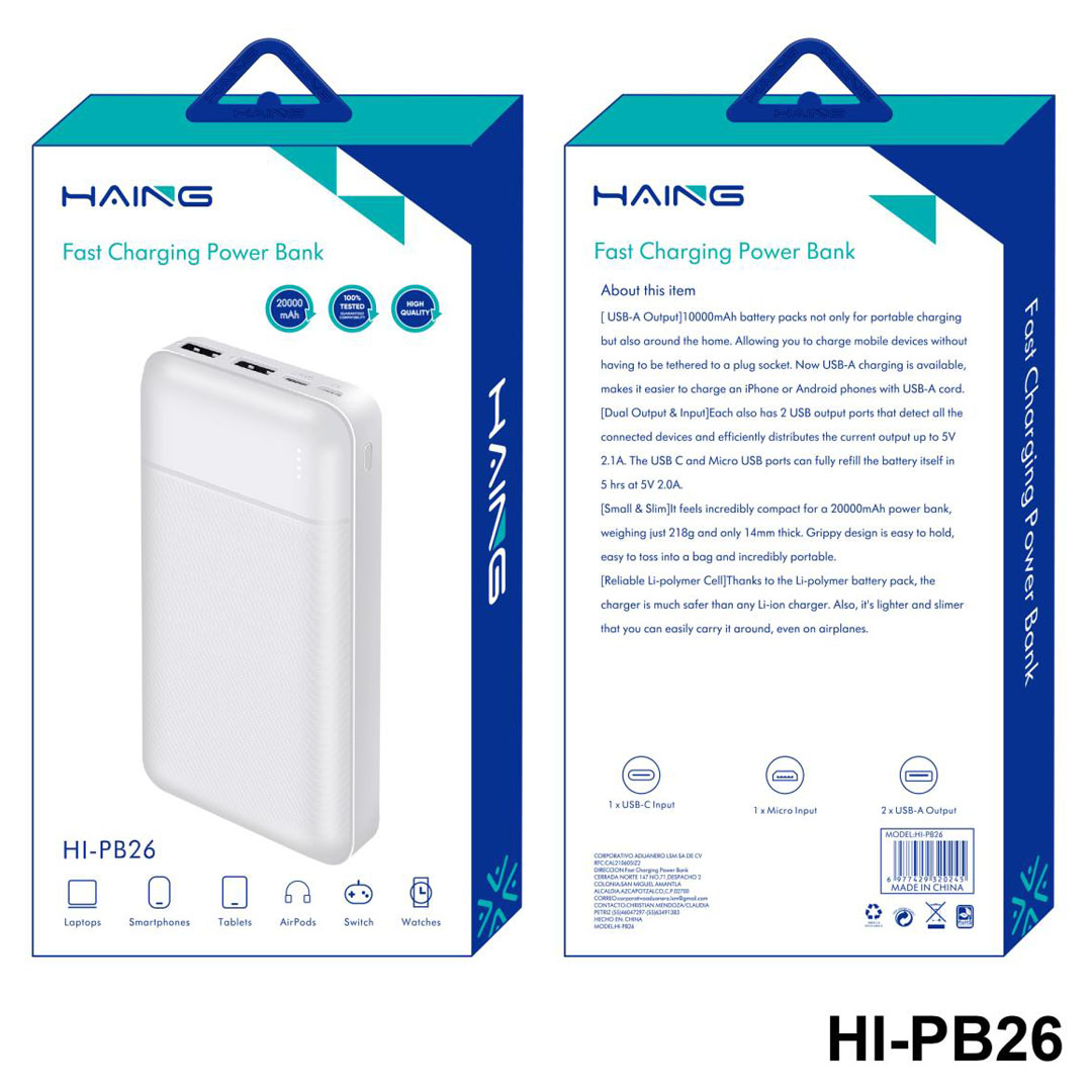 HAING Fast Charging Power Bank – 20000mAh, 22.5W, Li-Polymer, White Price in Jordan HAING Fast Charging Power Bank – 20000mAh, 22.5W, Li-Polymer, White - Buy Online in Jordan | OfficeJo