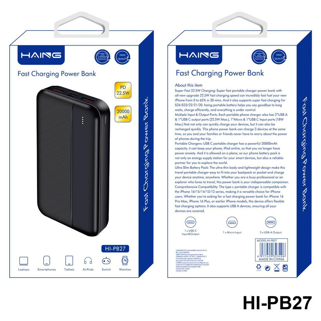 HAING Fast Charging Power Bank 20000mAh – 22.5W, USB-C, 3-Device Charging, Black Price in Jordan HAING Fast Charging Power Bank 20000mAh – 22.5W, USB-C, 3-Device Charging, Black - Buy Online in Jordan | OfficeJo